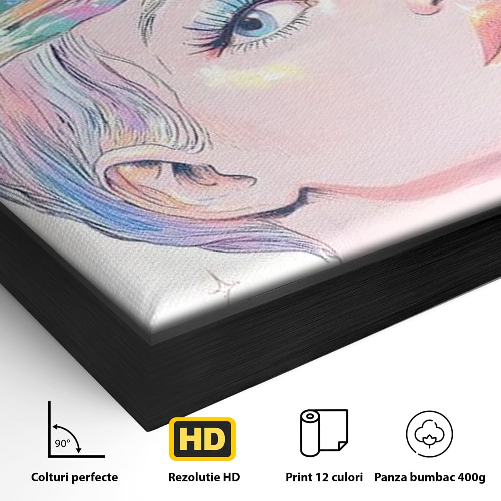 Detaliu al suprafetei: ilustratie cu portret de femeie si galaxie, in rama de aluminiu negru